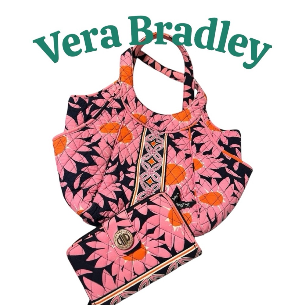 Vera Bradley Shoulder Bag + WALLET: “Love Me” in Pink, Black and Orange